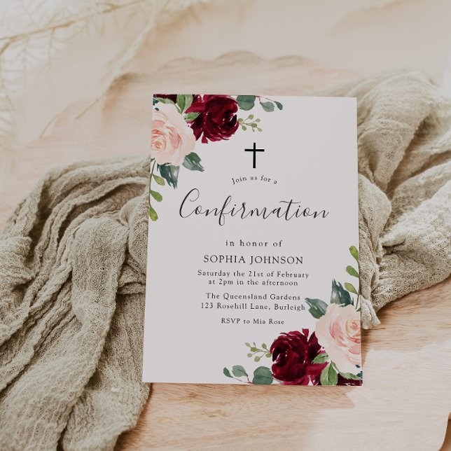 Blush Pink Burgundy Red Floral Cross Confirmation  Invitation (Creator Uploaded)