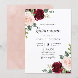 Blush Pink & Burgundy Red Floral Quinceanera Party Invitation