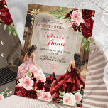 Blush Pink Burgundy Red Floral Twins Quinceañera Invitation<br><div class="desc">Blush Pink Burgundy Red Floral Twins Quinceañera Invitation</div>