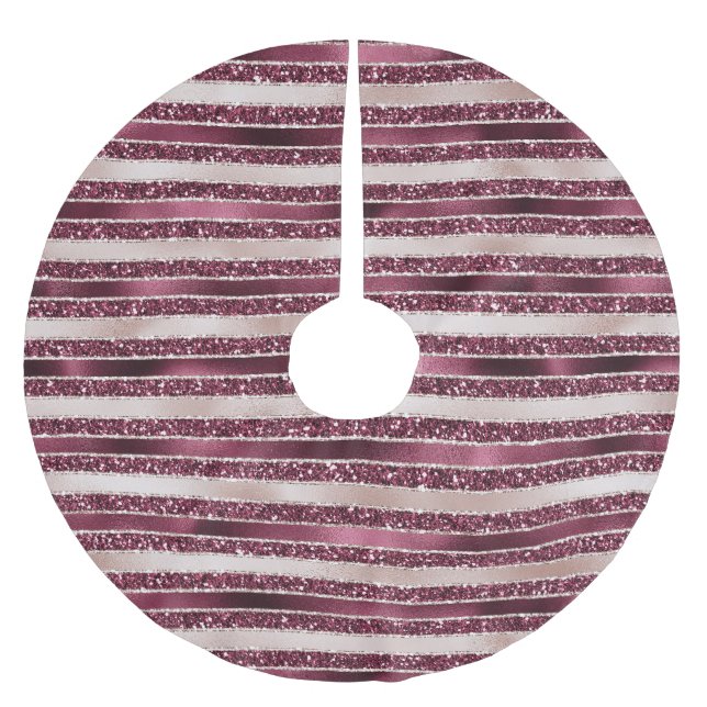 Blush Pink Burgundy Red Rose Glitter Stripes       Brushed Polyester Tree Skirt (Front)