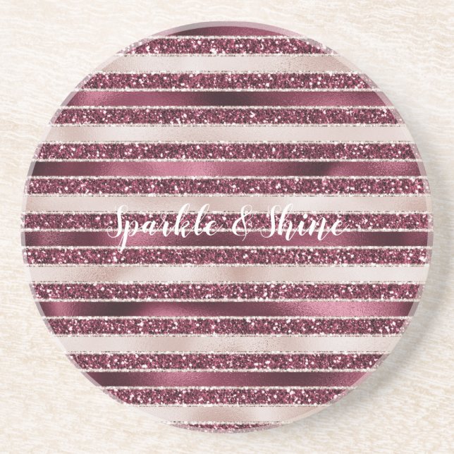 Blush Pink Burgundy Red Rose Glitter Stripes       Coaster (Front)