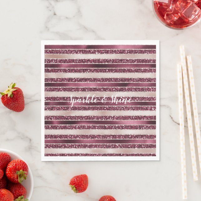 Blush Pink Burgundy Red Rose Glitter Stripes     Napkin (Insitu)