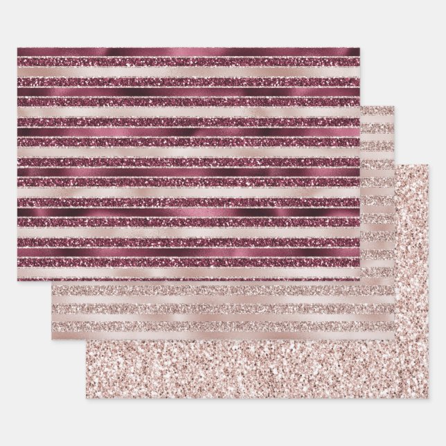 Blush Pink Burgundy Red Rose Glitter Stripes       Wrapping Paper Sheet (Set)