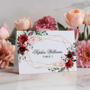Blush Pink & Burgundy Rose Wedding Place Card