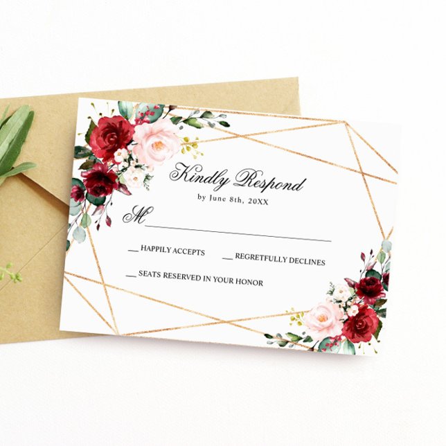 Blush Pink & Burgundy Rose Wedding RSVP Card (Creator Uploaded)