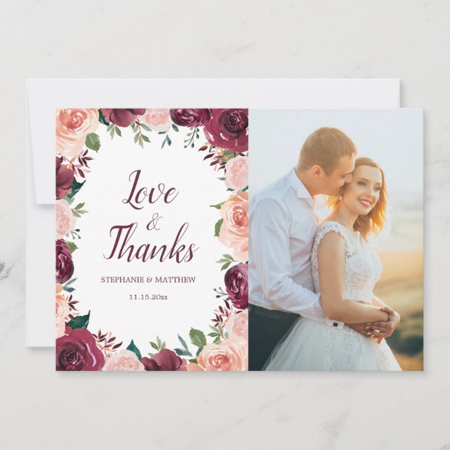Blush Pink Burgundy Roses Border Wedding Photo Thank You Card (Front)