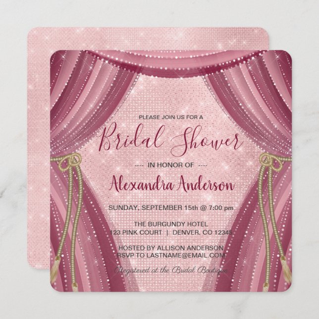 Blush Pink & Burgundy Sparkle Bridal Shower Invitation (Front/Back)