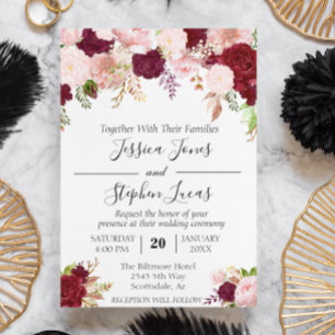 Blush Pink Burgundy Watercolor Floral Romantic Invitation