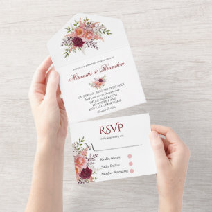 Blush Pink Burgundy Watercolor Peony Wedding  All In One Invitation