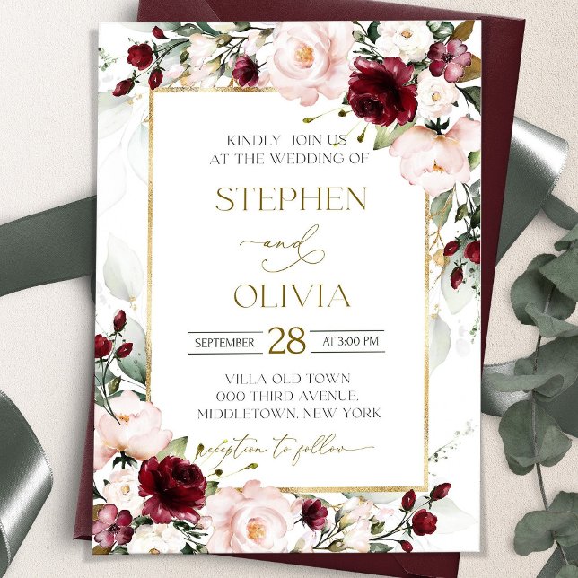 Blush Pink BURGUNDY Wedding Invitation Template (Creator Uploaded)