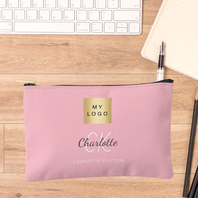 Blush pink business logo name monogram accessory pouch (Creator Uploaded)