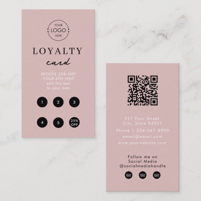 Blush Pink Business Logo QR Code Loyalty Simple Card (Front/Back)