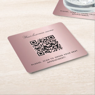 Blush pink business salon name qr code square paper coaster
