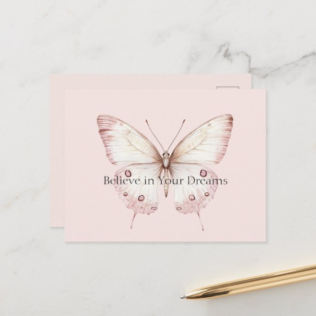 Blush Pink Butterfly Believe in Dreams Postcard (Front/Back In Situ)