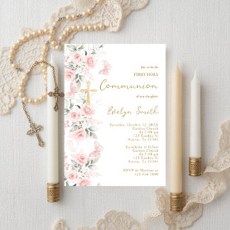 Blush Pink Butterfly First Communion Girl Invitation