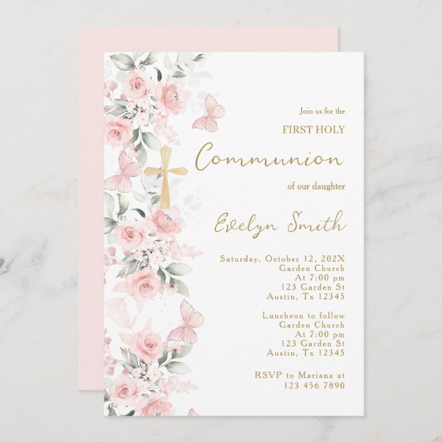 Blush Pink Butterfly First Communion Girl Invitation (Front/Back)