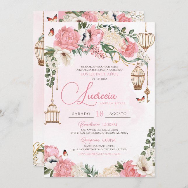 Blush Pink Butterfly Floral Elegant Quinceañera Invitation (Front/Back)