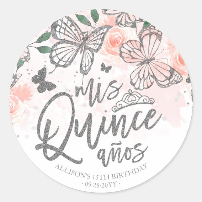Blush Pink Butterfly Floral Quinceanera Party Clas Classic Round Sticker (Front)