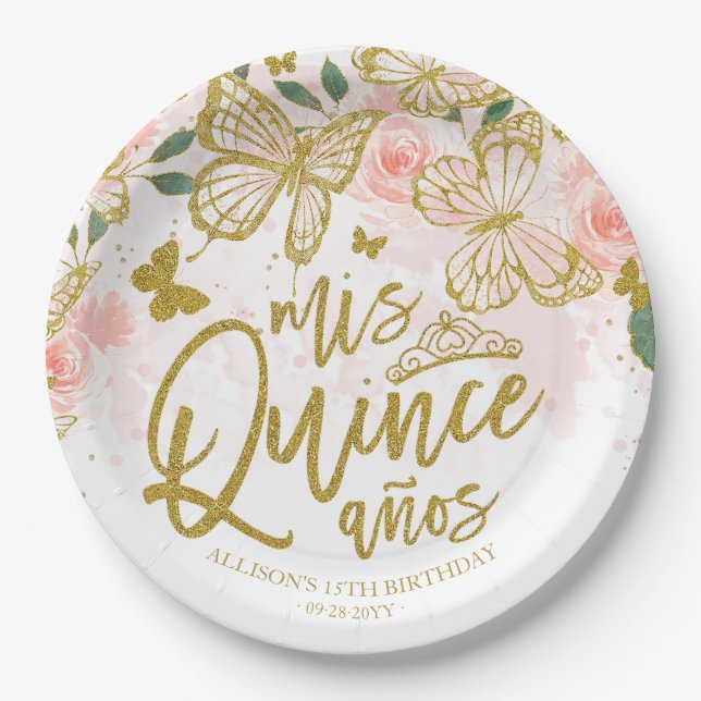 Blush Pink Butterfly Floral Quinceanera Party Paper Plate (Front)