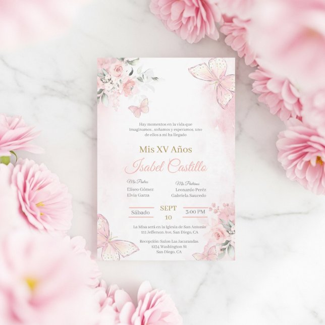 Blush Pink butterlfly Quinceanera invitation (Creator Uploaded)