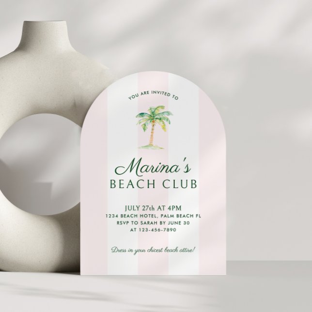 Blush Pink Cabana Stripes Beach Club Birthday Arch Invitation (Creator Uploaded)