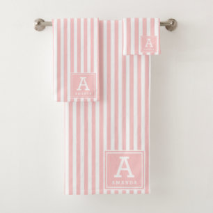 Blush Pink Cabana Stripes Monogrammed Initials Bath Towel Set