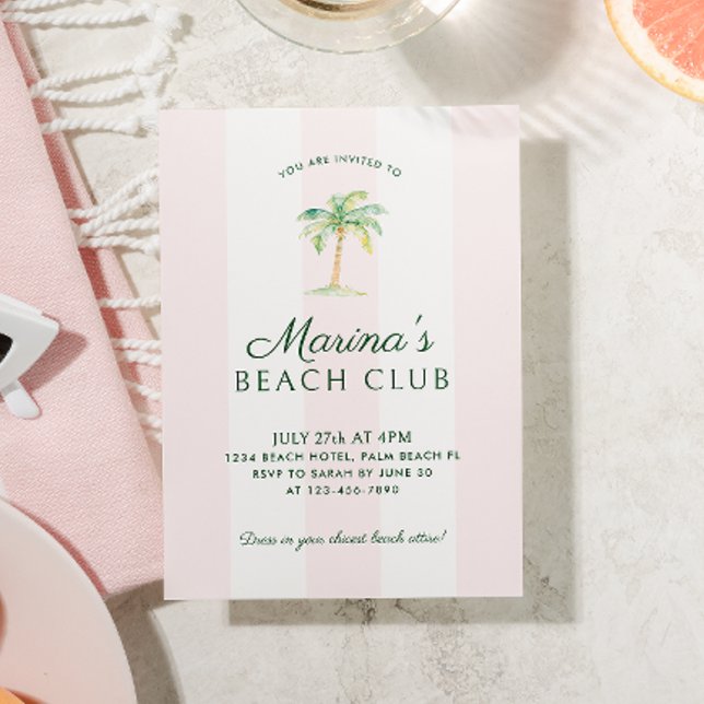 Blush Pink Cabana Stripes Palm Beach Club Birthday Invitation (Creator Uploaded)