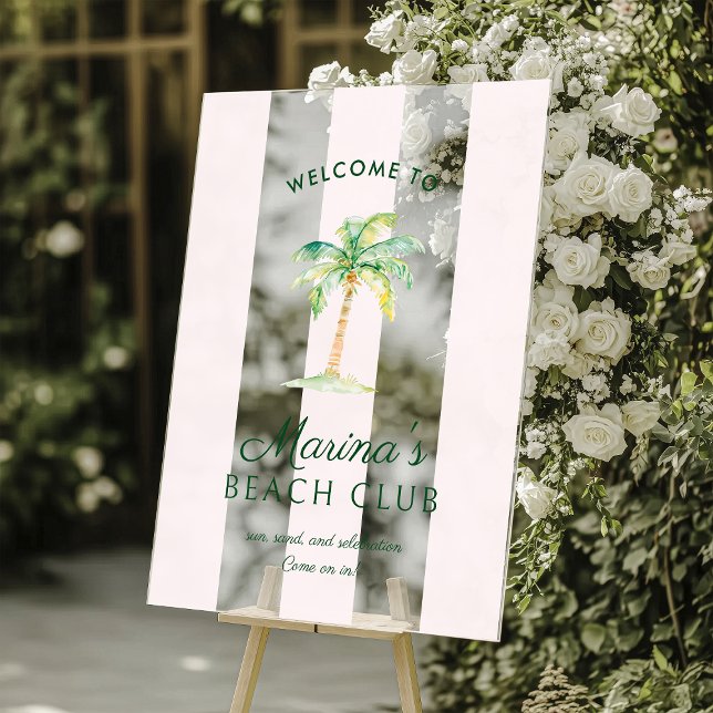 Blush Pink Cabana Stripes Palm Beach Club Welcome Acrylic Sign (Creator Uploaded)