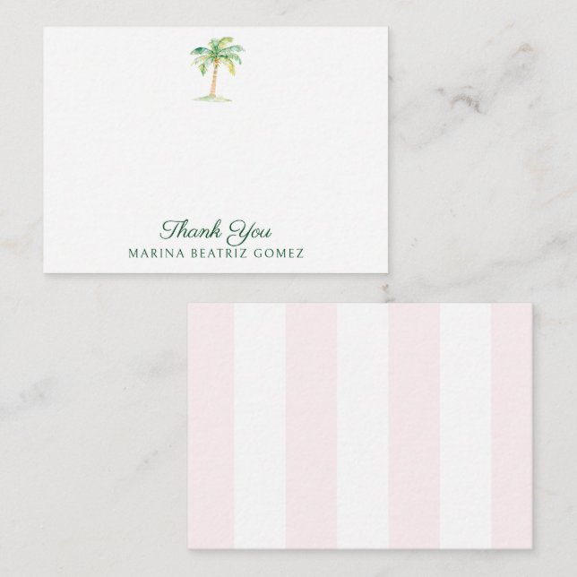Blush Pink Cabana Stripes Palm Tree Thank You Card (Front/Back)