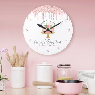 Blush Pink Cake Glitter Drips Modern Chic Bakery Large Clock