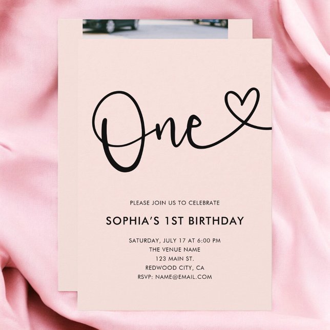 Blush Pink Calligraphy Heart 1st Birthday Invitation (Creator Uploaded)