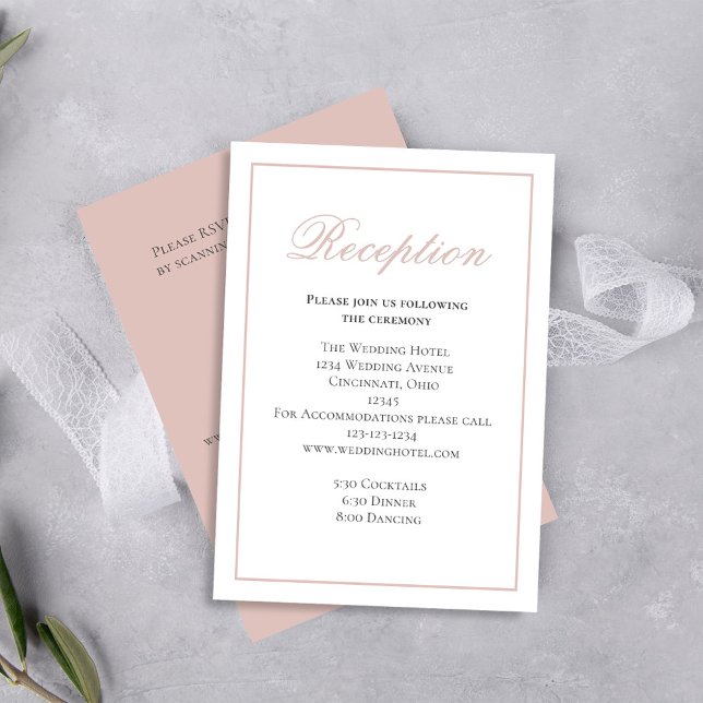 Blush Pink Calligraphy Script Reception RSVP Enclosure Card (Blush pink wedding reception card with RSVP details template. )