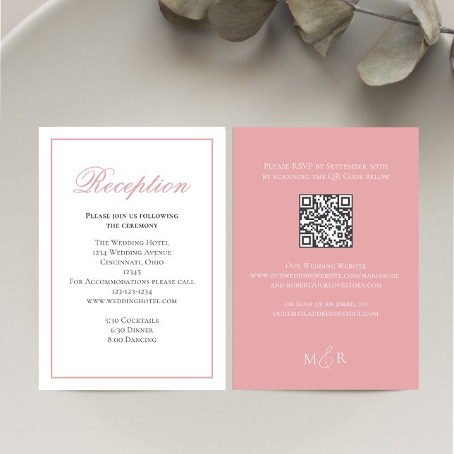 Blush Pink Calligraphy Script Reception RSVP Enclosure Card (Blush pink reception card with a scannable QR Code template. )
