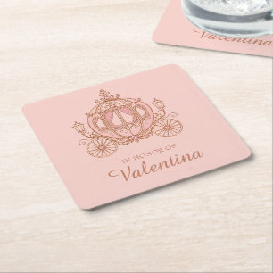 Blush Pink Carriage Princess Quinceañera Square Paper Coaster