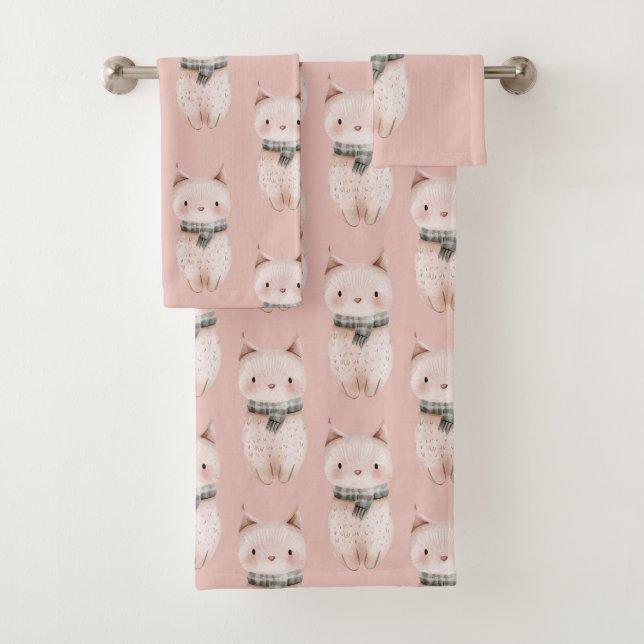 Blush Pink Cats Bath Towel Set (Insitu)