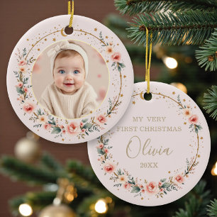 Blush Pink Celestial Baby First Christmas Photo Ceramic Ornament