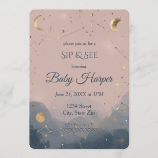 Blush Pink Celestial Moon Stars Sip and See Invitation
