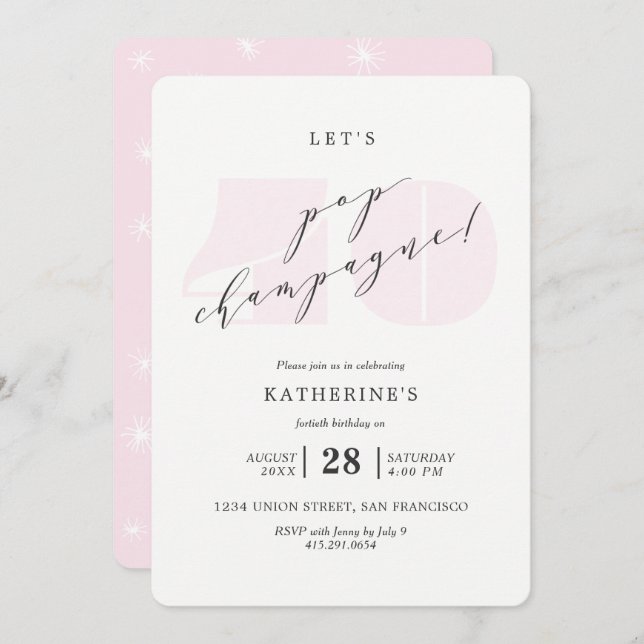 Blush Pink Champagne 40th Birthday Party Invite (Front/Back)