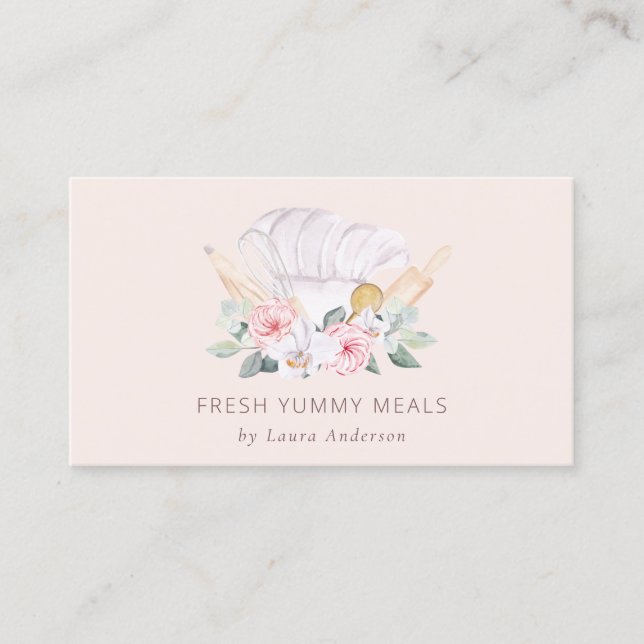 Blush Pink Chef Hat Catering Floral Roller Whisk Business Card (Front)