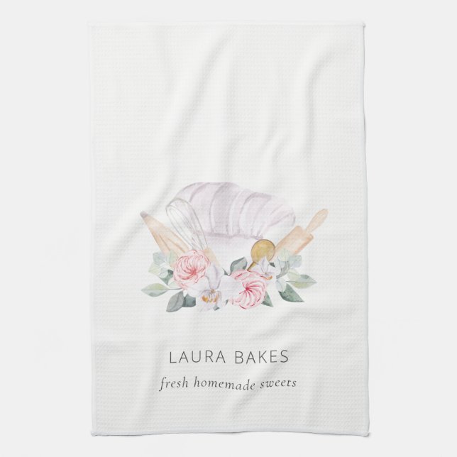 Blush Pink Chef Hat Catering Floral Roller Whisk Tea Towel (Vertical)