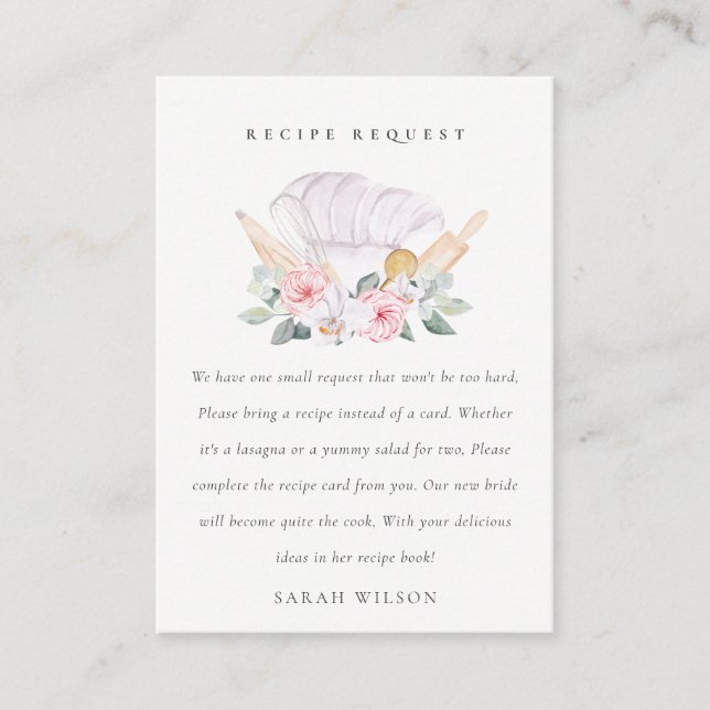 Blush Pink Chef Hat Floral Recipe Request Bride Enclosure Card (Front)