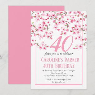 Blush Pink Cherry Blossom 40th Birthday Floral Invitation