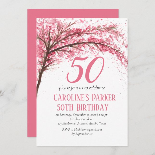 Blush Pink Cherry Blossom 50th Birthday Floral Invitation (Front/Back)