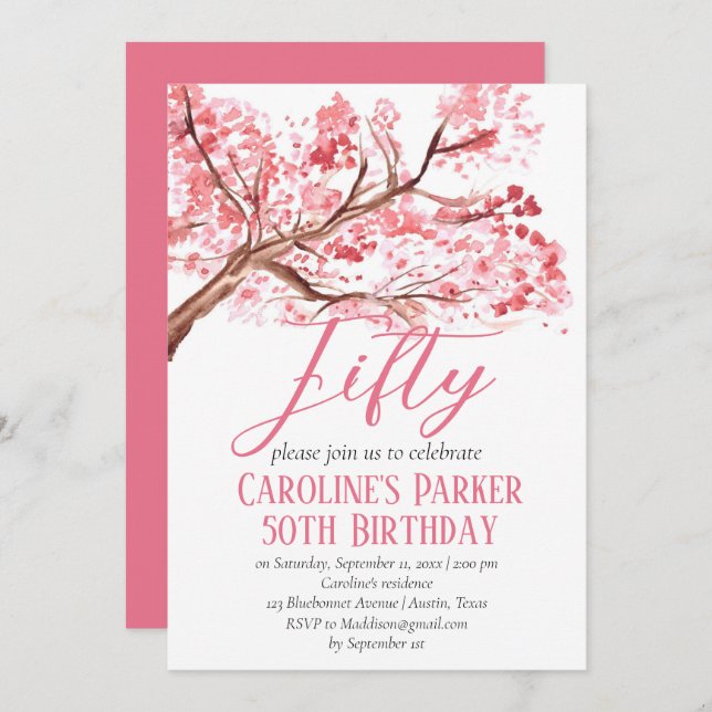 Blush Pink Cherry Blossom 50th Birthday Floral Invitation (Front/Back)