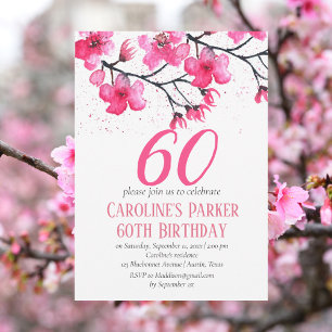 Blush Pink Cherry Blossom 60th Birthday Floral Invitation