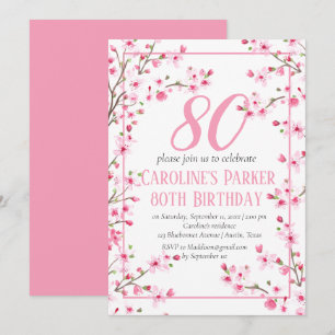 Blush Pink Cherry Blossom 80th Birthday Floral Invitation