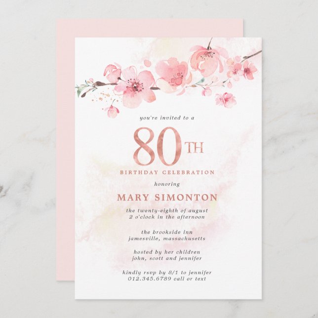 Blush  Pink Cherry Blossom 80th Birthday Invitation (Front/Back)