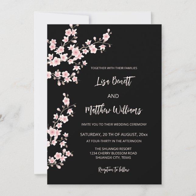  Blush Pink Cherry Blossom Black Invitation (Front)