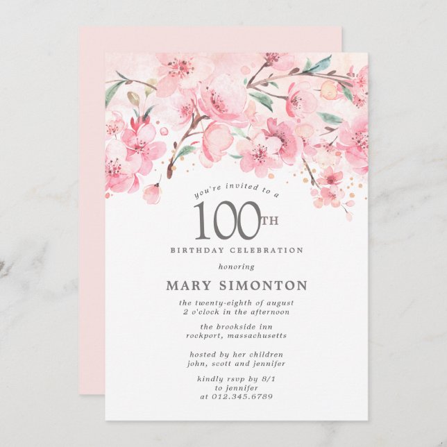 Blush Pink Cherry Blossom Floral 100th Birthday In Invitation (Front/Back)