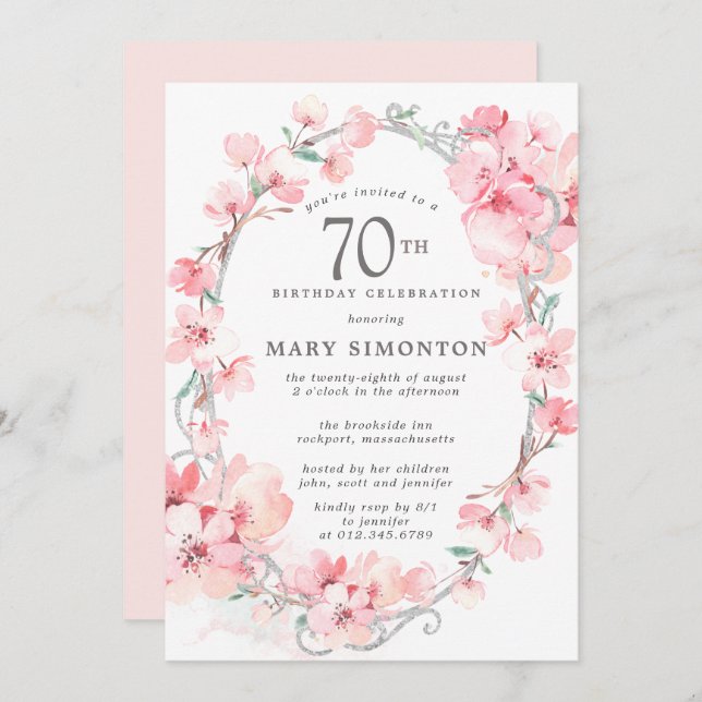 Blush Pink Cherry Blossom Floral 70th Birthday Invitation (Front/Back)